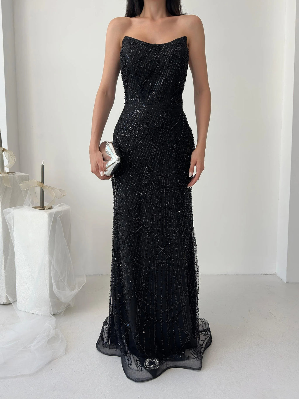 Beaded Sequined Strapless Maxi Dress - Black - Mirelline Store