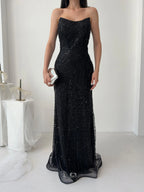 Beaded Sequined Strapless Maxi Dress - Black - Mirelline Store