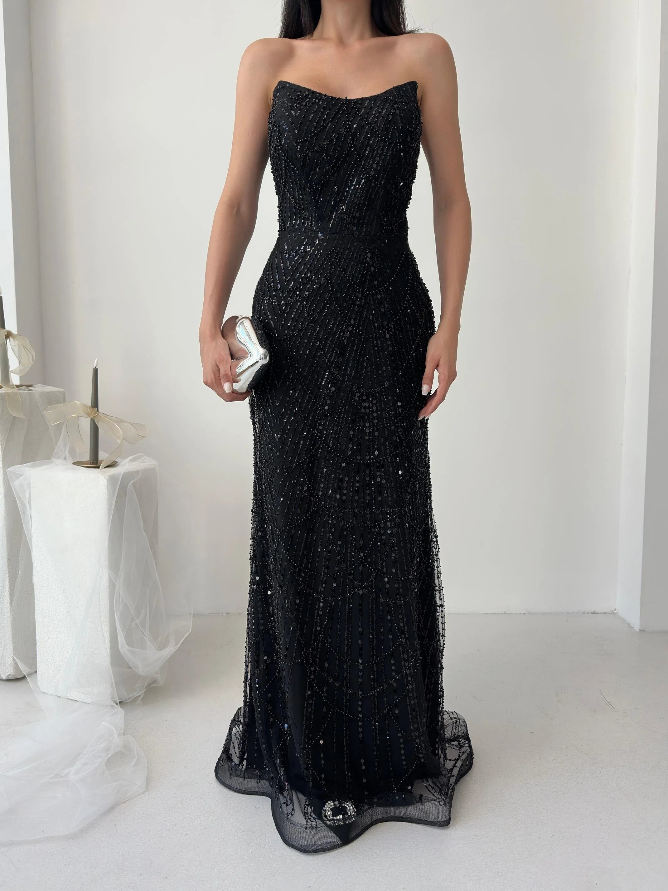 Beaded Sequined Strapless Maxi Dress - Black - Mirelline Store