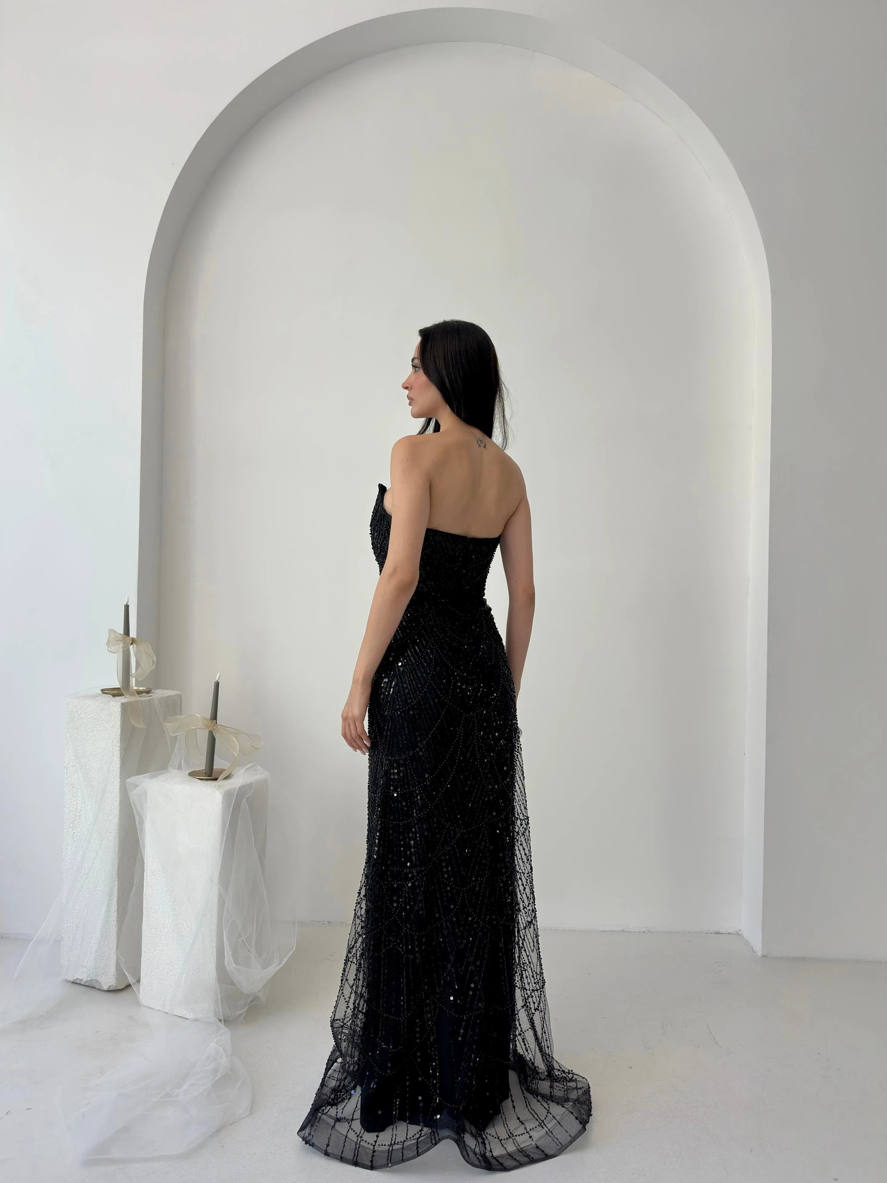 Beaded Sequined Strapless Maxi Dress - Black - Mirelline Store