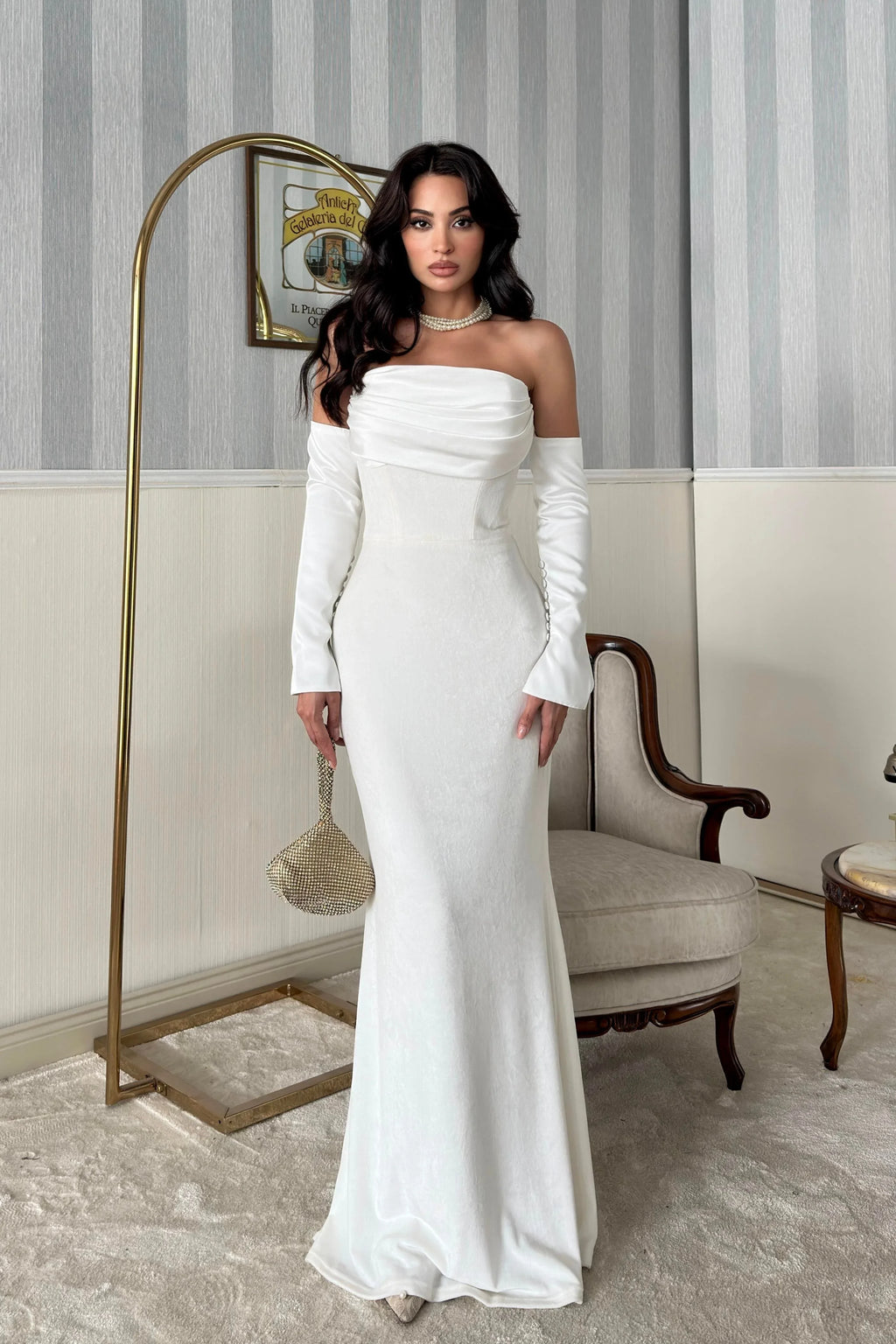 Velvet Draped Strapless Maxi Dress - White - Mirelline Store