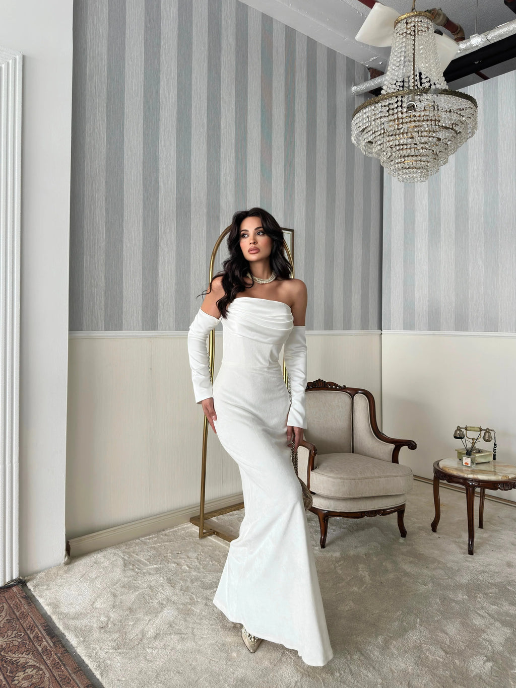 Velvet Draped Strapless Maxi Dress - White - Mirelline Store