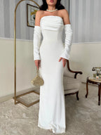 Velvet Draped Strapless Maxi Dress - White - Mirelline Store