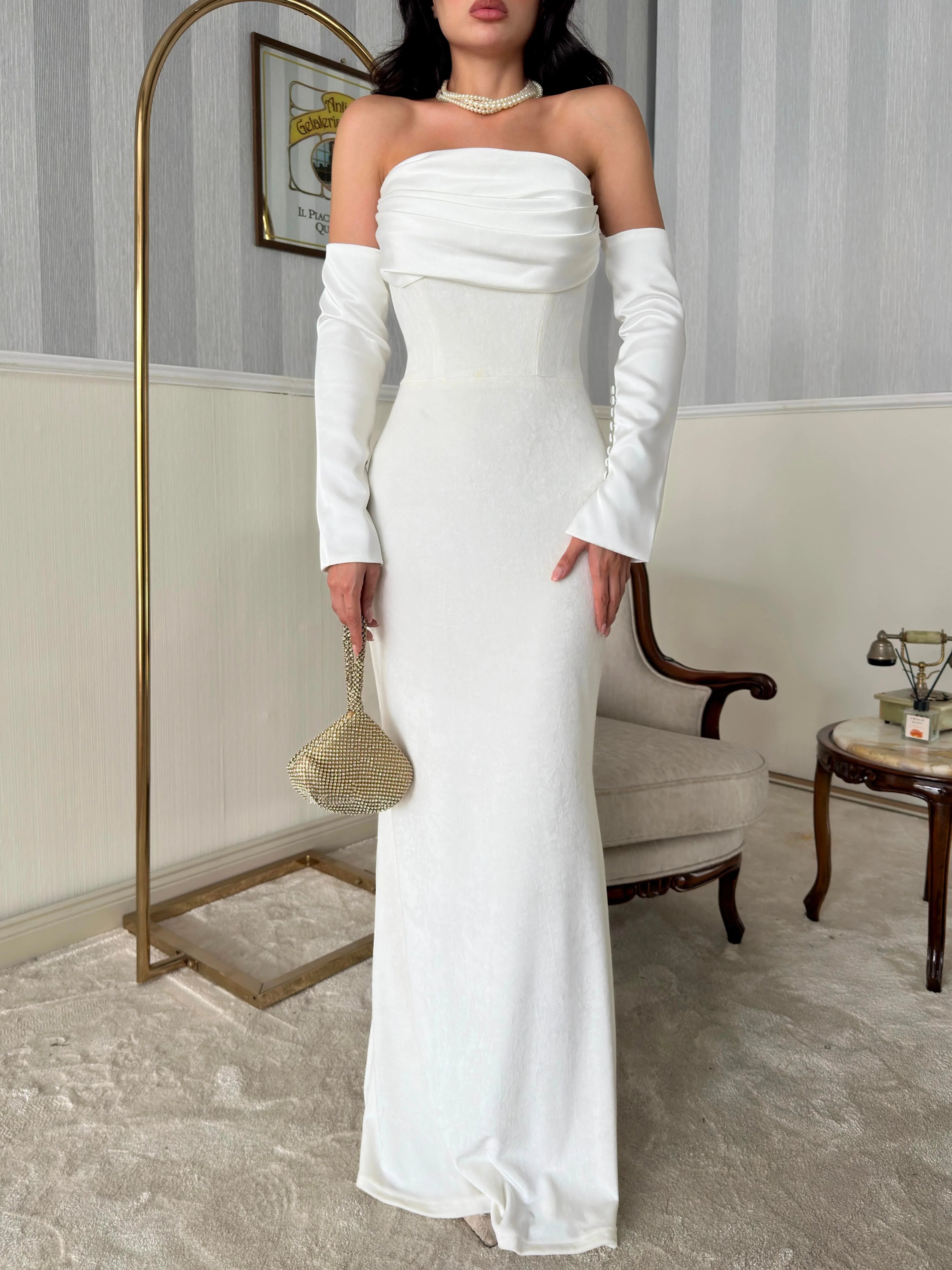 Velvet Draped Strapless Maxi Dress - White - Mirelline Store