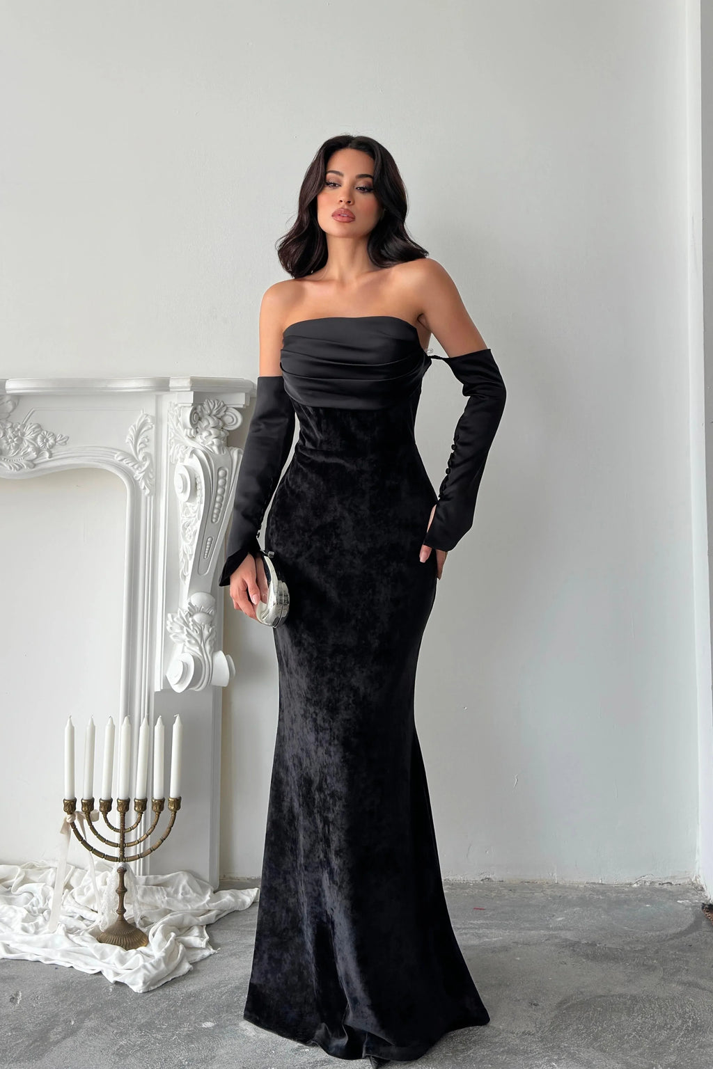 Velvet Draped Strapless Maxi Dress - Black - Mirelline Store