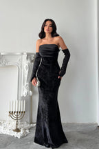Velvet Draped Strapless Maxi Dress - Black - Mirelline Store