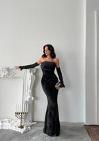 Velvet Draped Strapless Maxi Dress - Black - Mirelline Store