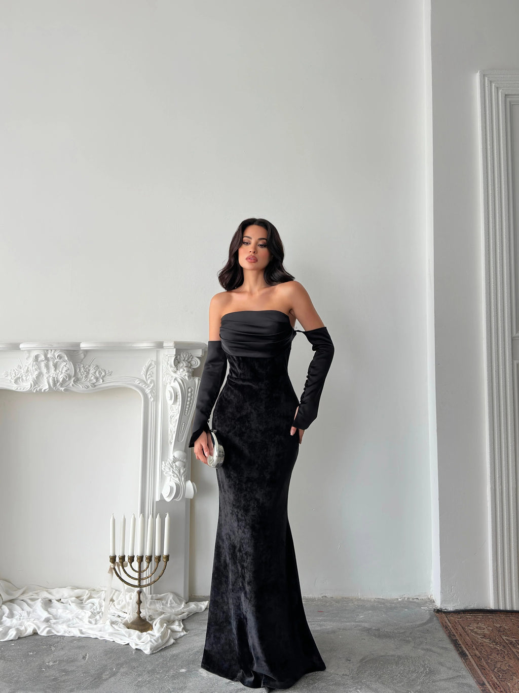 Velvet Draped Strapless Maxi Dress - Black - Mirelline Store