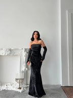 Velvet Draped Strapless Maxi Dress - Black - Mirelline Store