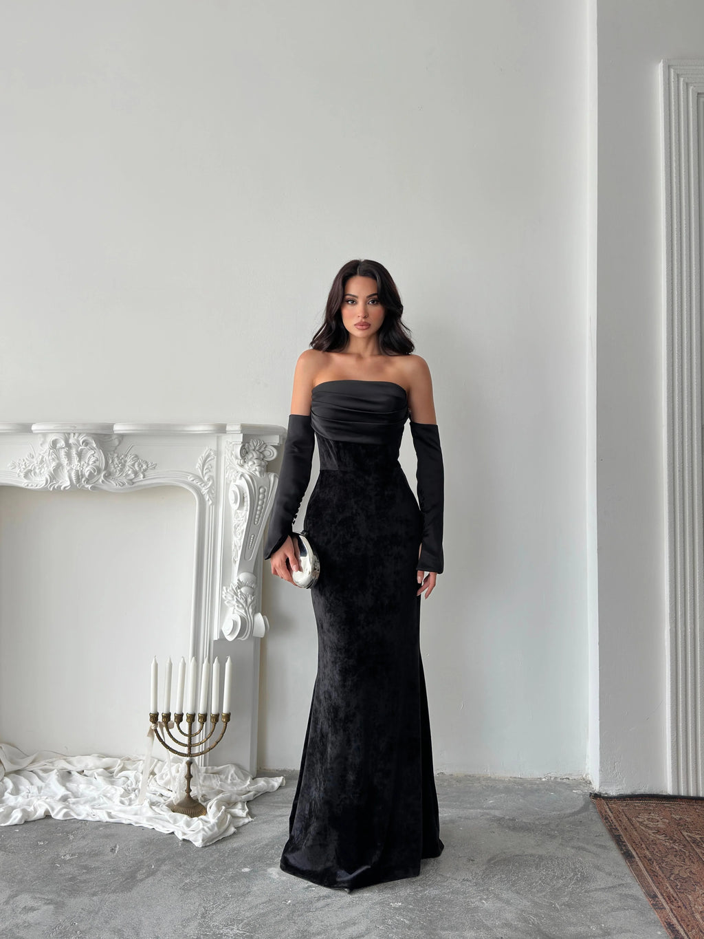 Velvet Draped Strapless Maxi Dress - Black - Mirelline Store