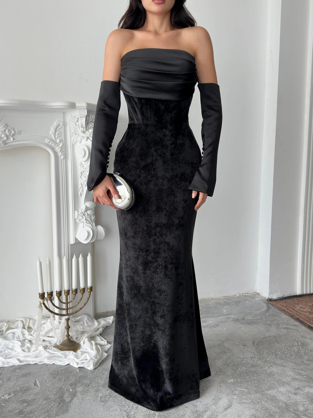 Velvet Draped Strapless Maxi Dress - Black - Mirelline Store