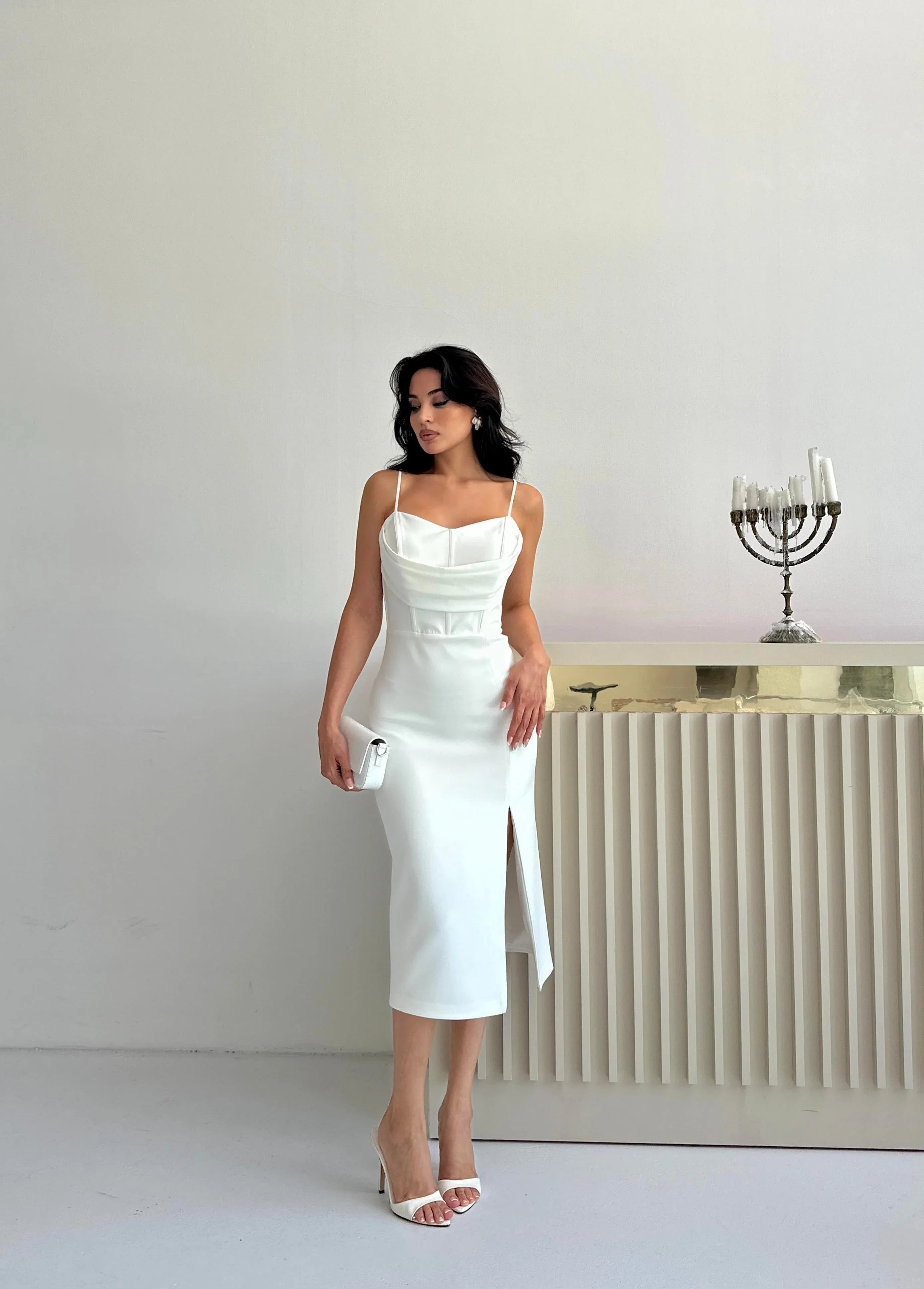 Draped Corset Midi Dress - White - Mirelline Store