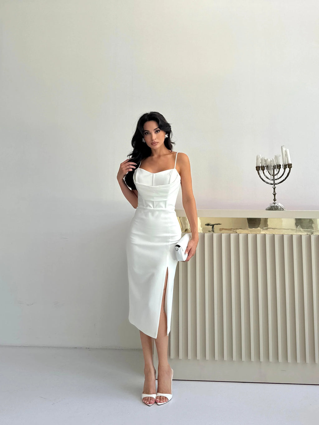 Draped Corset Midi Dress - White - Mirelline Store