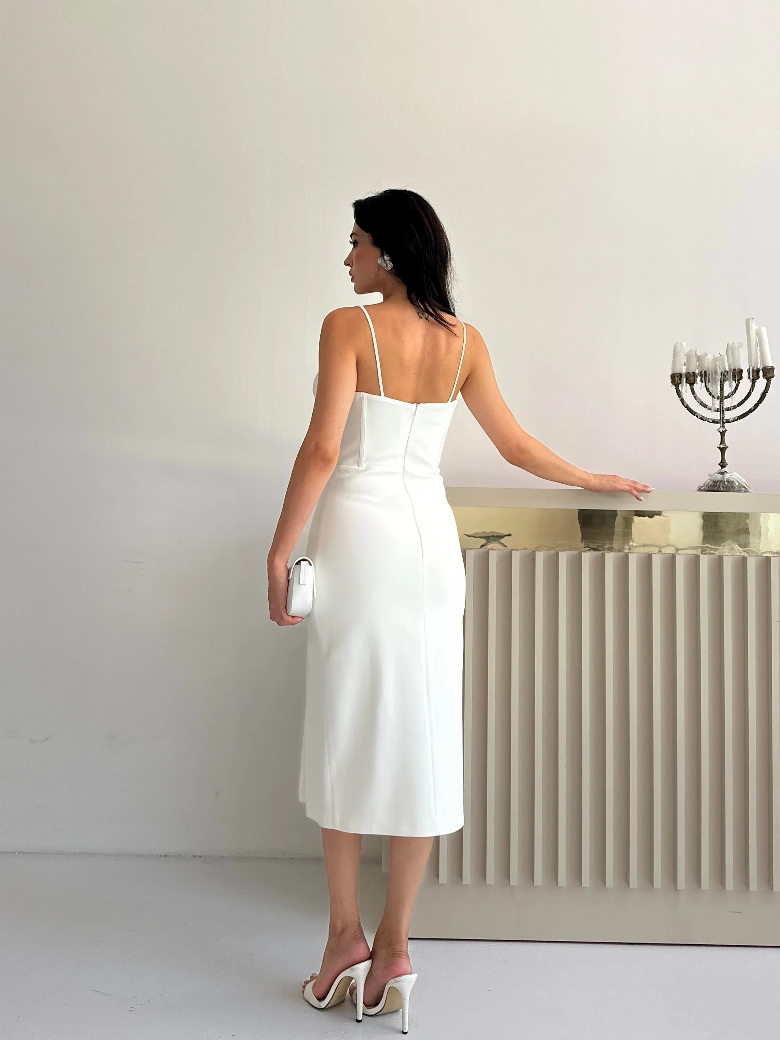 Draped Corset Midi Dress - White - Mirelline Store