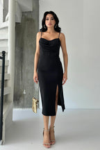 Draped Corset Midi Dress - Black - Mirelline Store