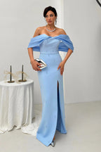 Pearl Embellished Off-Shoulder Maxi Dress - Baby Blue - Mirelline Store