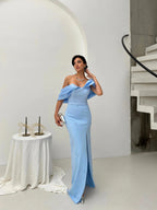 Pearl Embellished Off-Shoulder Maxi Dress - Baby Blue - Mirelline Store