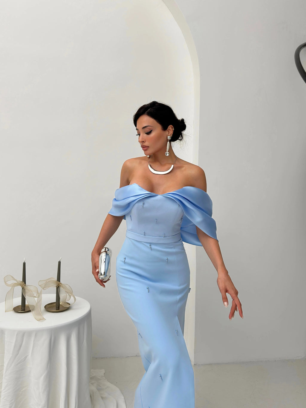 Pearl Embellished Off-Shoulder Maxi Dress - Baby Blue - Mirelline Store