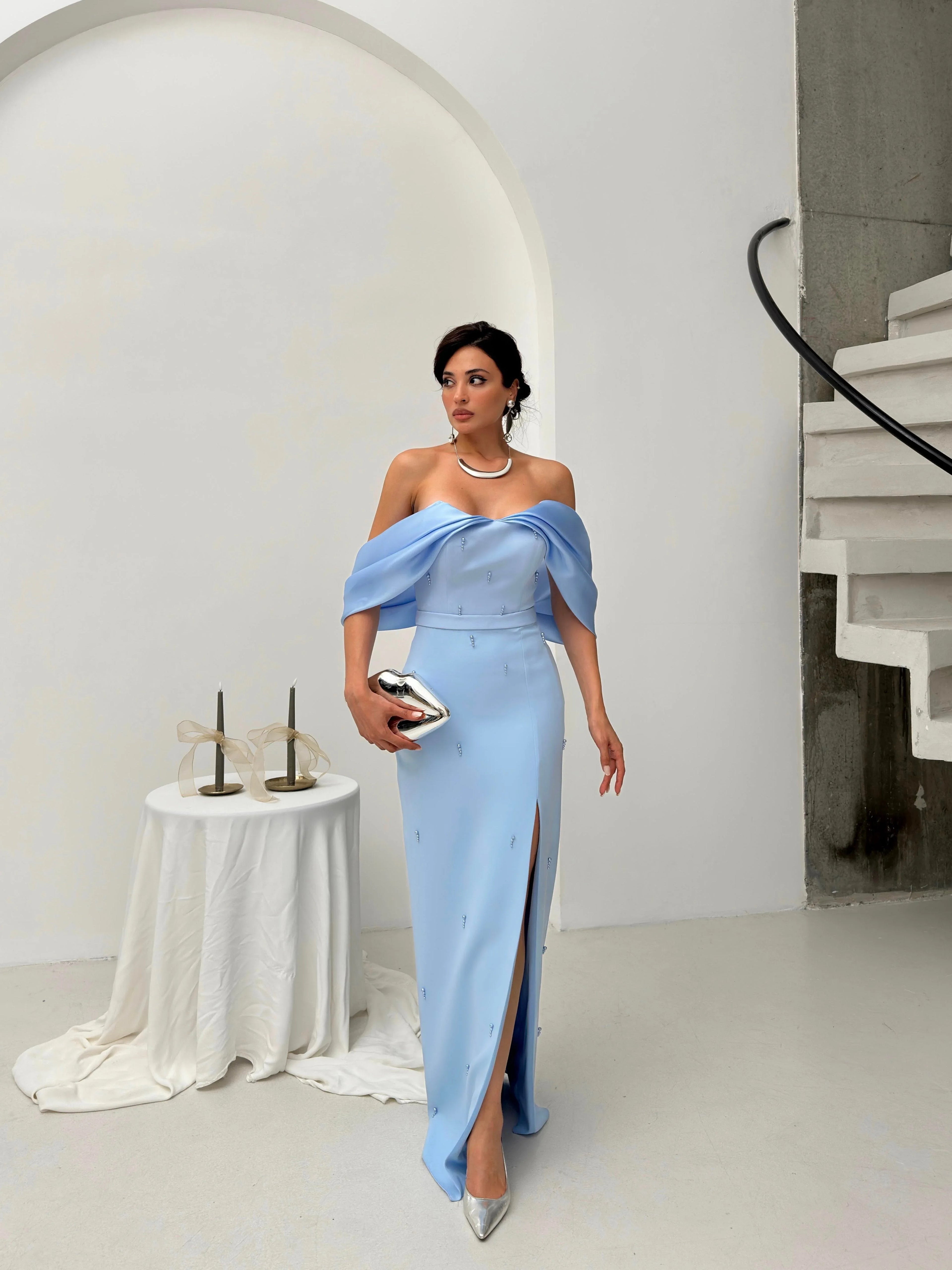Pearl Embellished Off-Shoulder Maxi Dress - Baby Blue - Mirelline Store