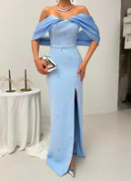 Pearl Embellished Off-Shoulder Maxi Dress - Baby Blue - Mirelline Store