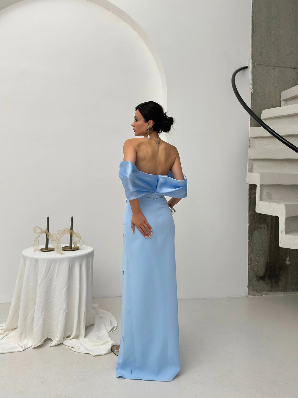 Pearl Embellished Off-Shoulder Maxi Dress - Baby Blue - Mirelline Store