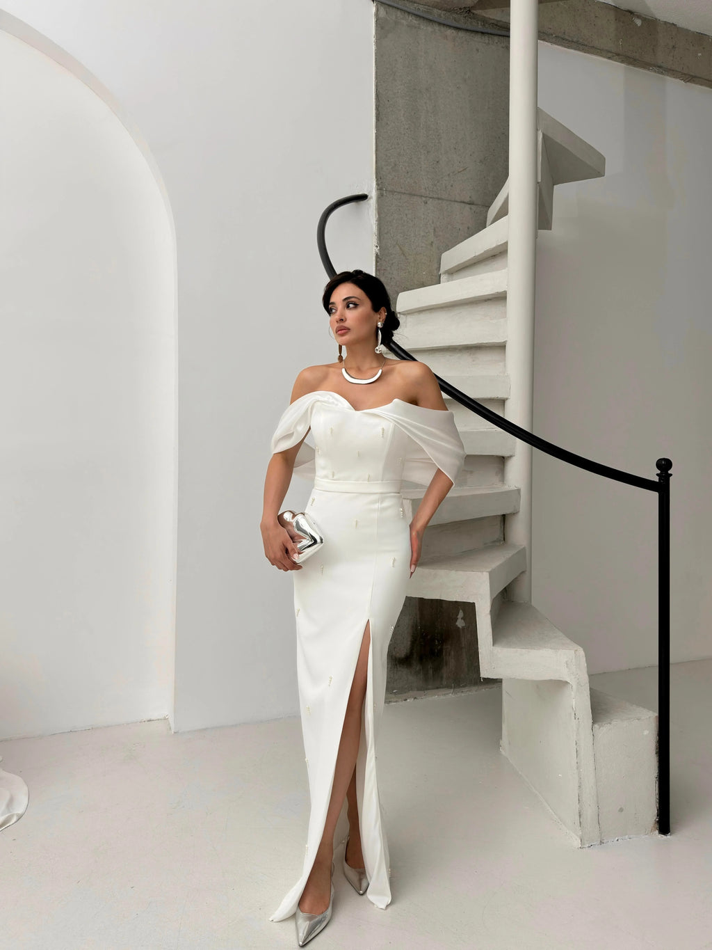 Pearl Embellished Off-Shoulder Maxi Dress - White - Mirelline Store