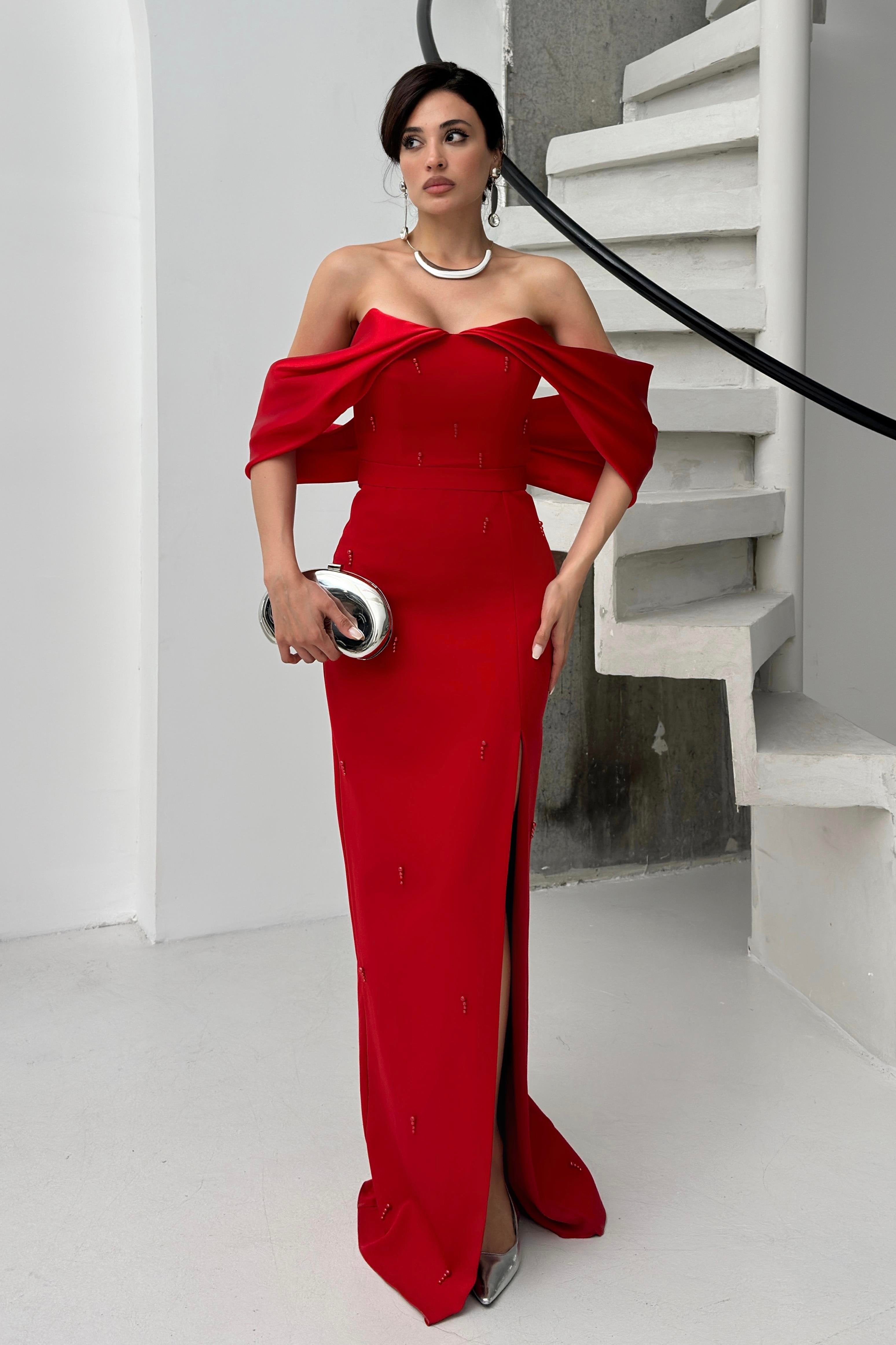 Pearl Embellished Off-Shoulder Maxi Dress - Red - Mirelline Store