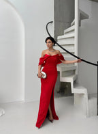 Pearl Embellished Off-Shoulder Maxi Dress - Red - Mirelline Store