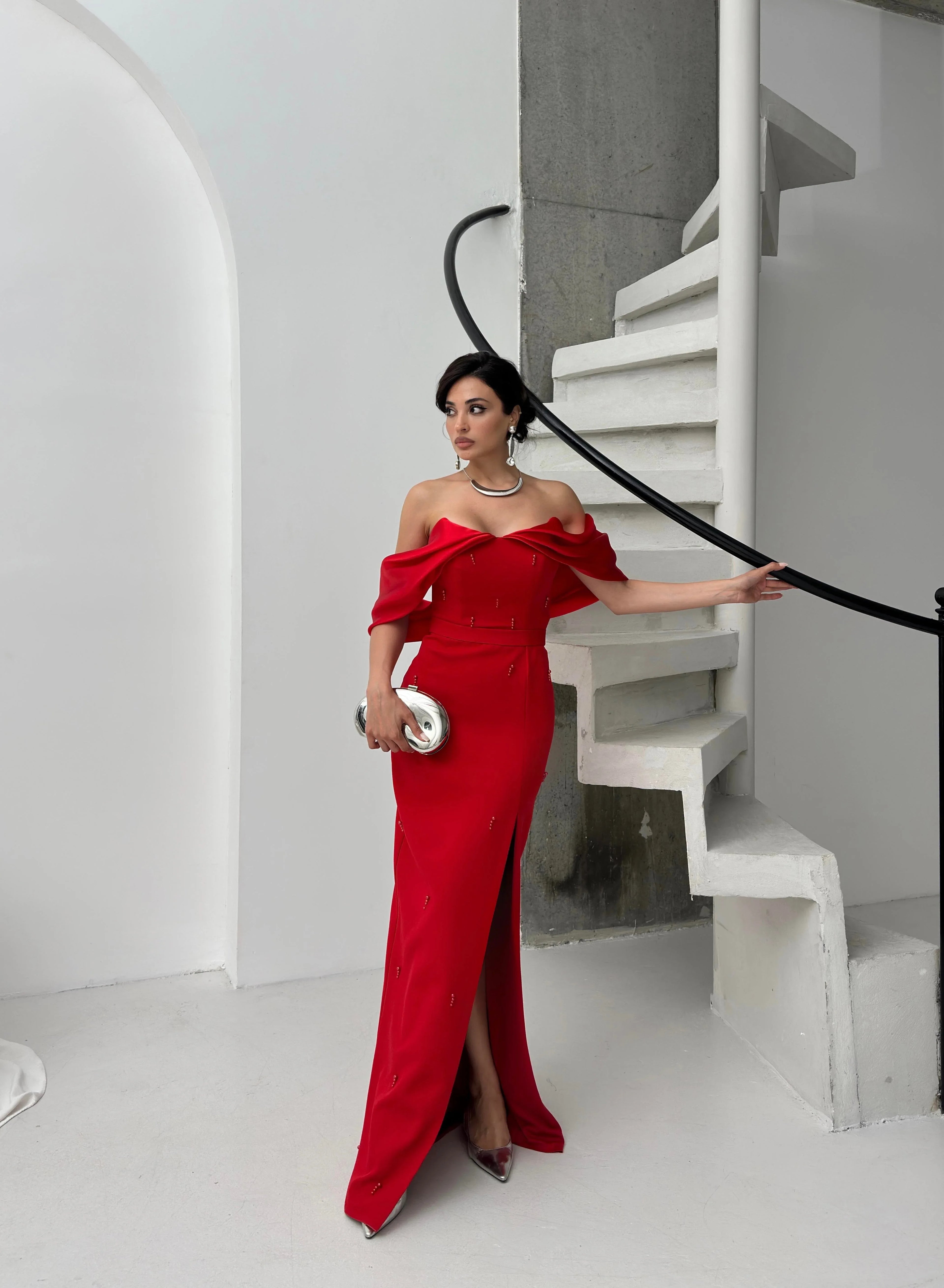 Pearl Embellished Off-Shoulder Maxi Dress - Red - Mirelline Store