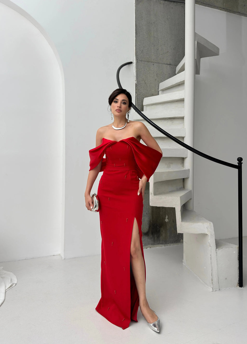 Pearl Embellished Off-Shoulder Maxi Dress - Red - Mirelline Store