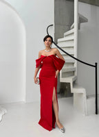 Pearl Embellished Off-Shoulder Maxi Dress - Red - Mirelline Store