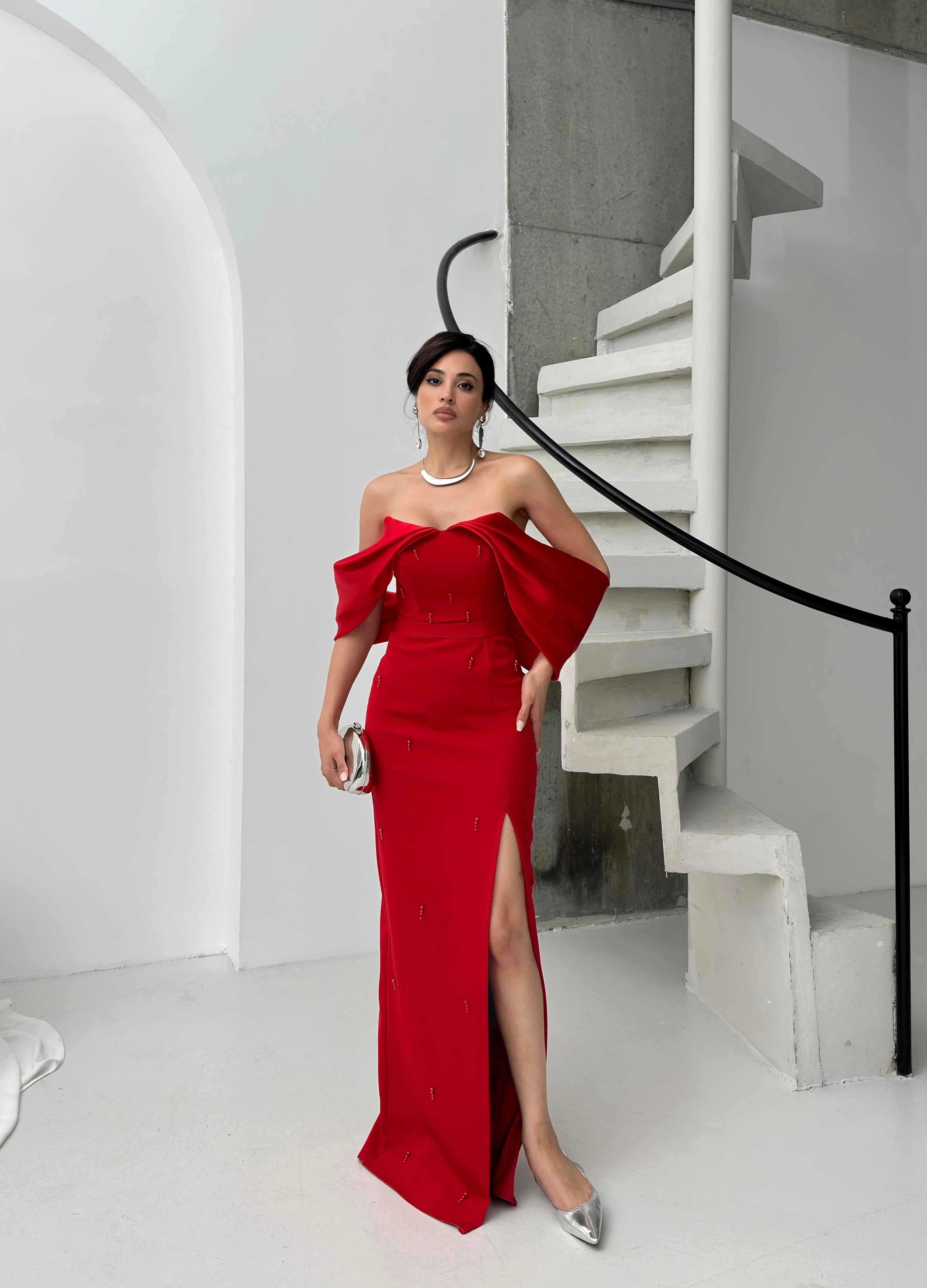 Pearl Embellished Off-Shoulder Maxi Dress - Red - Mirelline Store