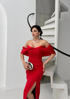 Pearl Embellished Off-Shoulder Maxi Dress - Red - Mirelline Store