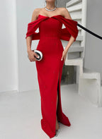 Pearl Embellished Off-Shoulder Maxi Dress - Red - Mirelline Store