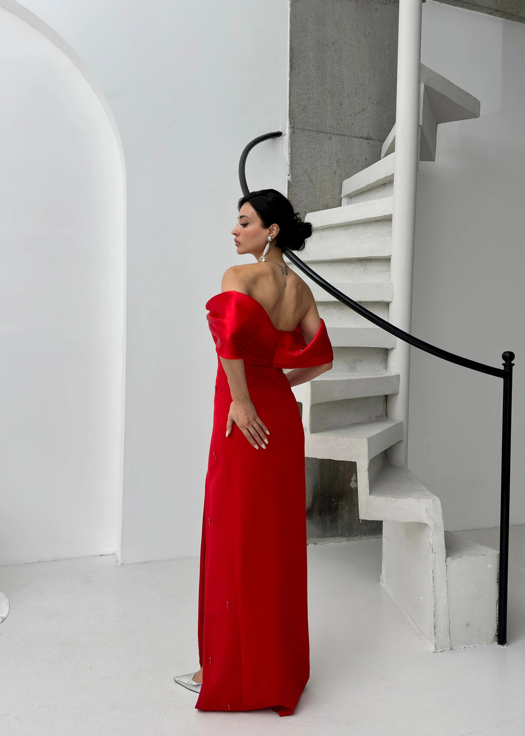 Pearl Embellished Off-Shoulder Maxi Dress - Red - Mirelline Store