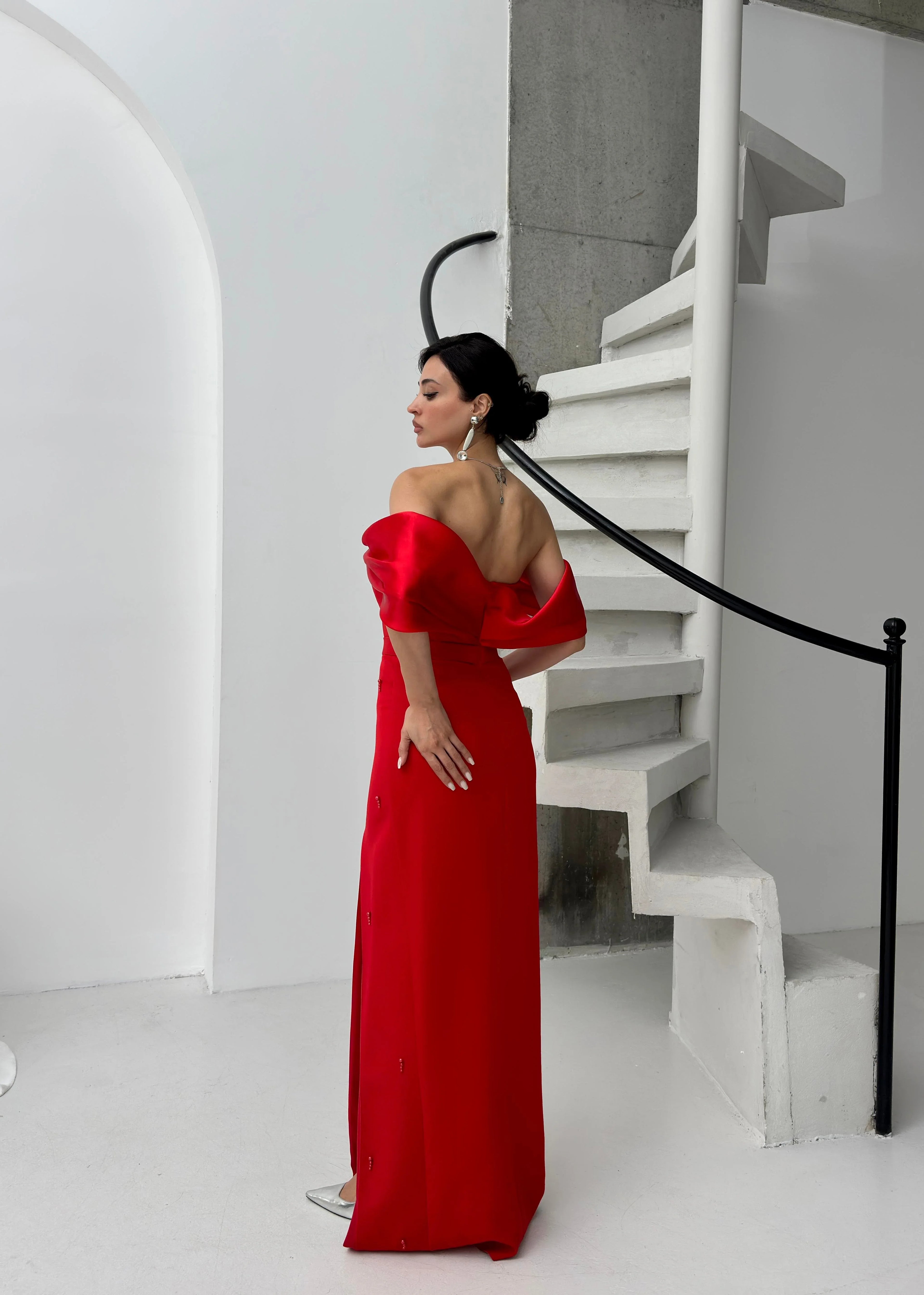Pearl Embellished Off-Shoulder Maxi Dress - Red - Mirelline Store