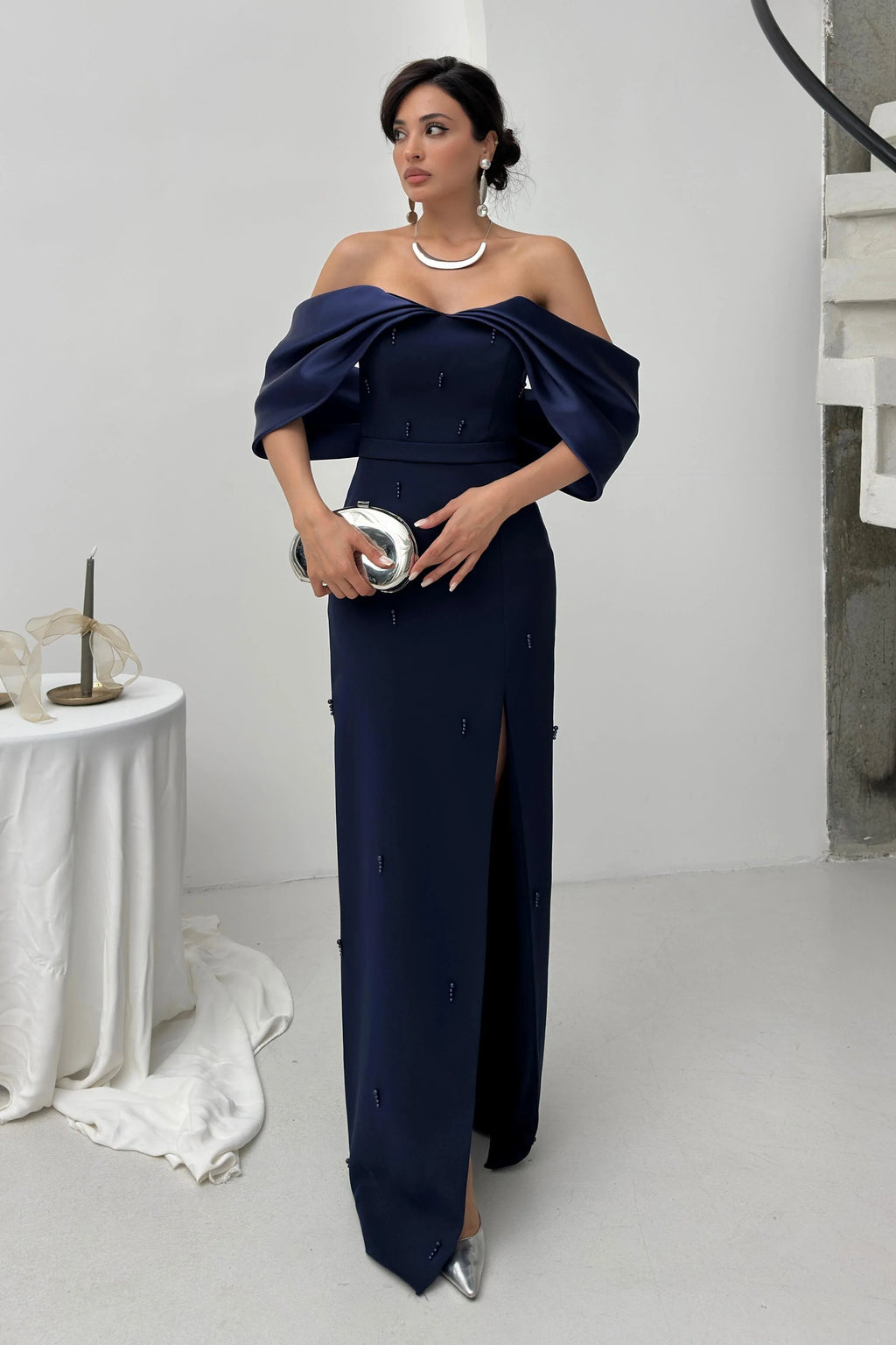 Pearl Embellished Off-Shoulder Maxi Dress - Navy Blue - Mirelline Store