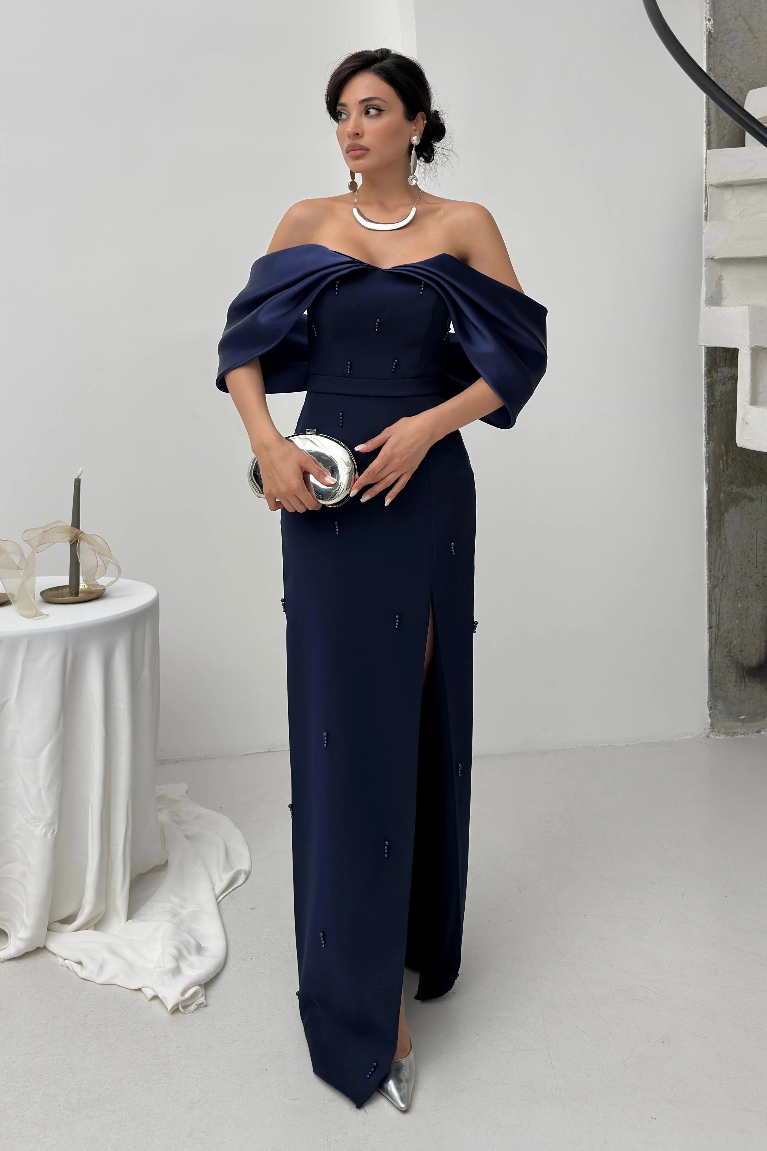 Pearl Embellished Off-Shoulder Maxi Dress - Navy Blue - Mirelline Store