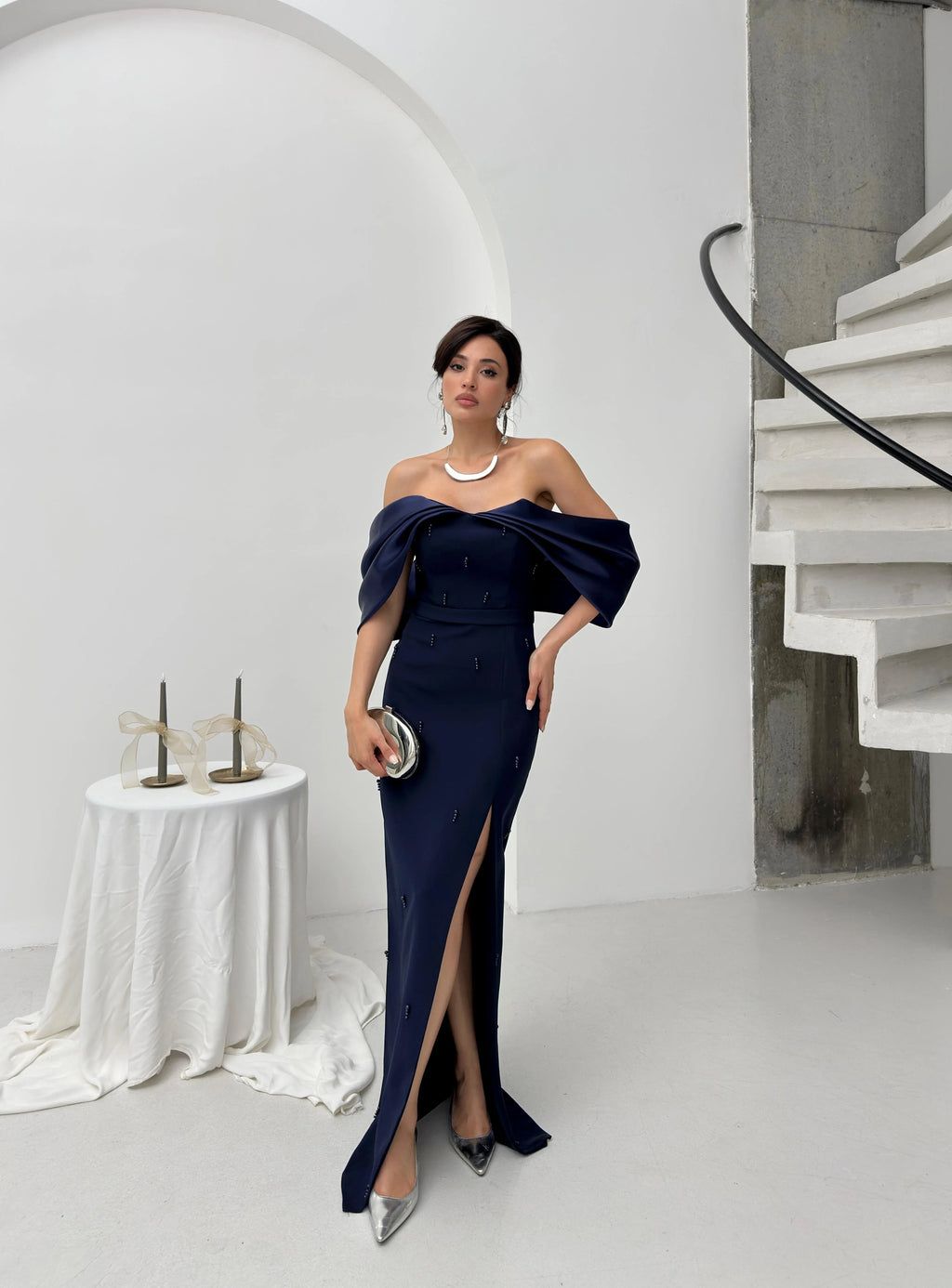 Pearl Embellished Off-Shoulder Maxi Dress - Navy Blue - Mirelline Store