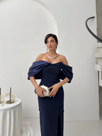 Pearl Embellished Off-Shoulder Maxi Dress - Navy Blue - Mirelline Store