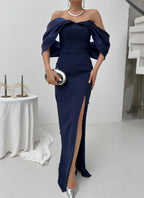 Pearl Embellished Off-Shoulder Maxi Dress - Navy Blue - Mirelline Store