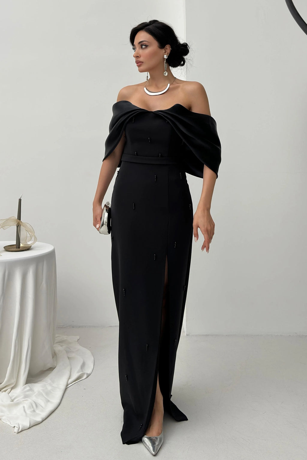 Pearl Embellished Off-Shoulder Maxi Dress - Black - Mirelline Store