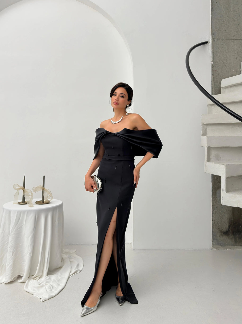 Pearl Embellished Off-Shoulder Maxi Dress - Black - Mirelline Store