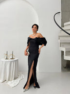 Pearl Embellished Off-Shoulder Maxi Dress - Black - Mirelline Store