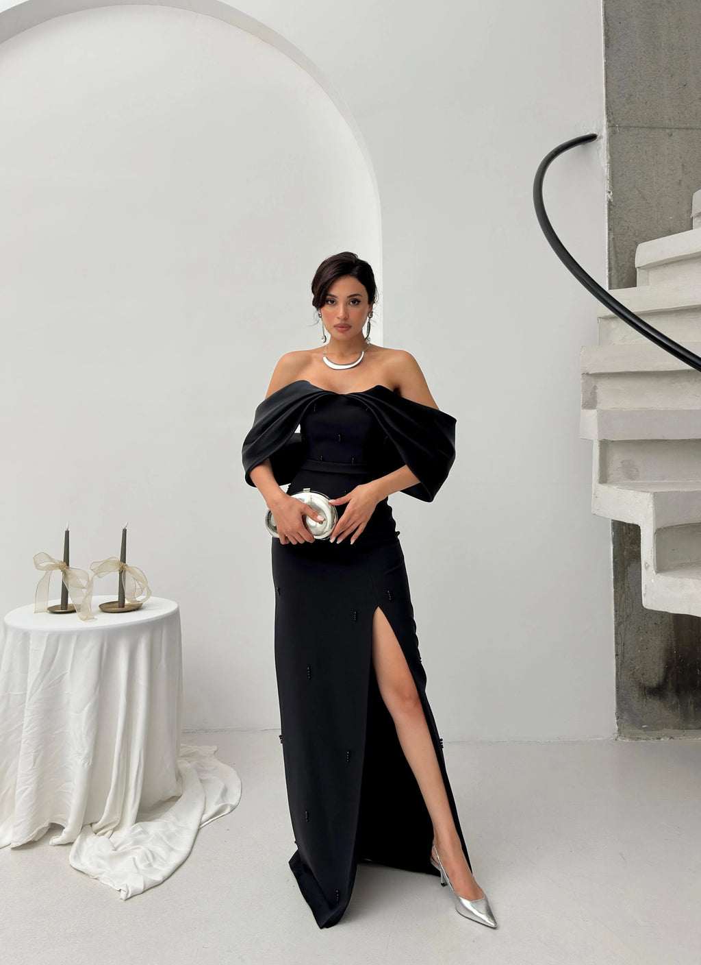 Pearl Embellished Off-Shoulder Maxi Dress - Black - Mirelline Store