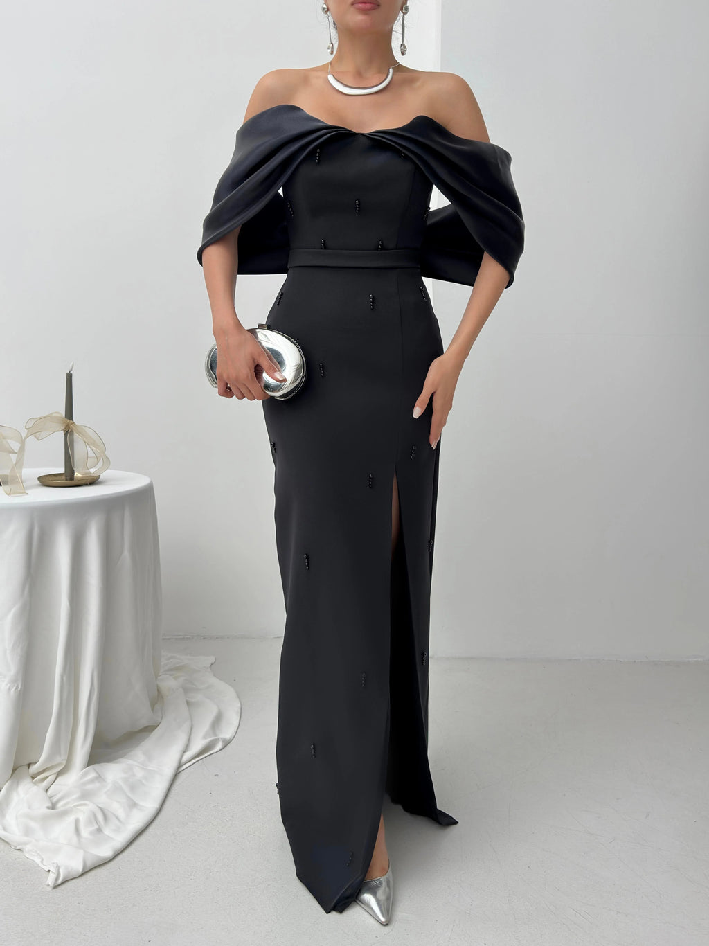 Pearl Embellished Off-Shoulder Maxi Dress - Black - Mirelline Store