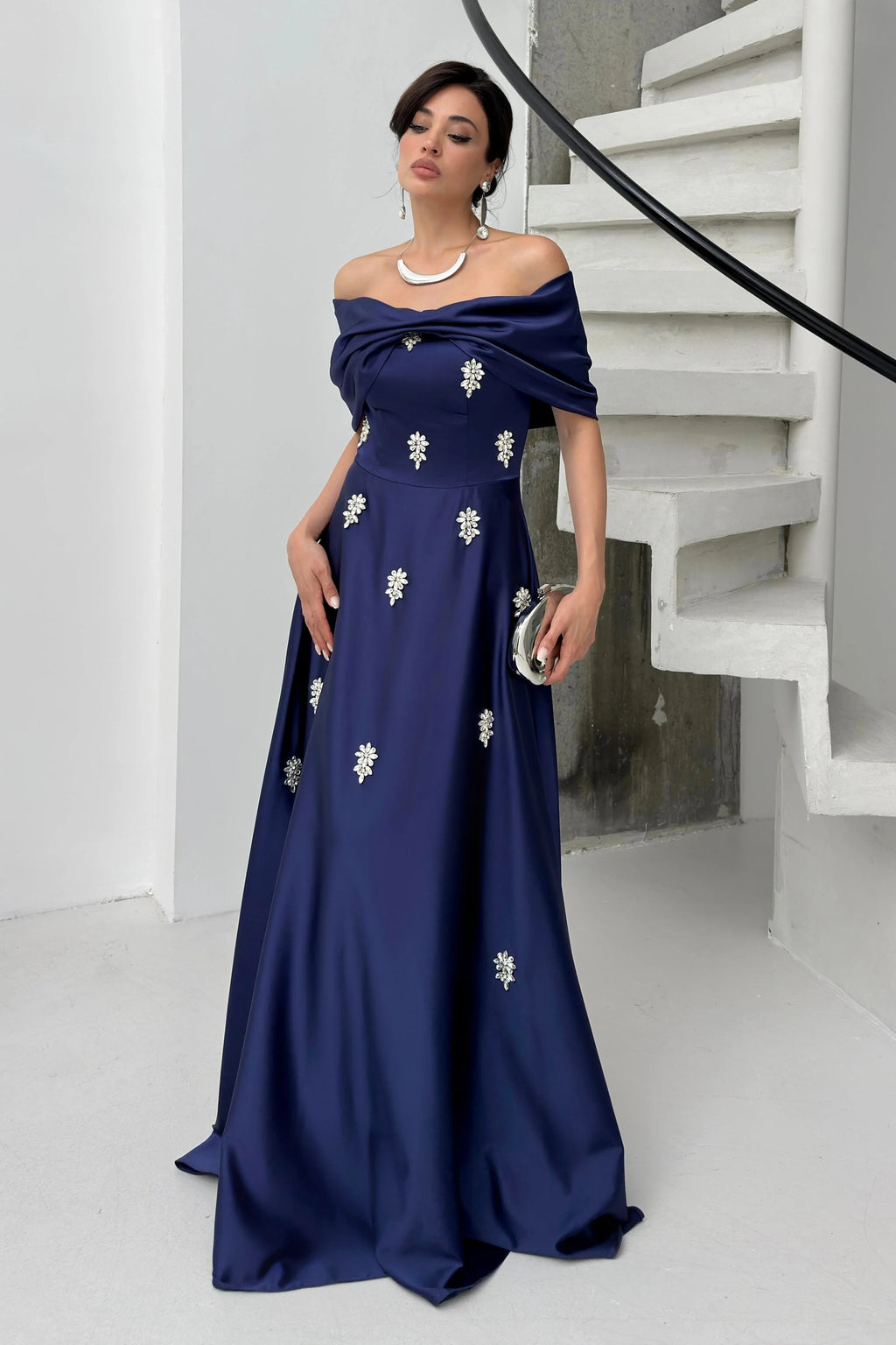 Satin Off-Shoulder Embellished Maxi Dress - Navy Blue - Mirelline Store