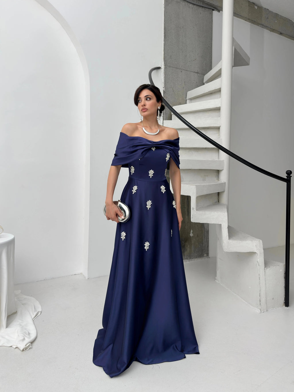 Satin Off-Shoulder Embellished Maxi Dress - Navy Blue - Mirelline Store
