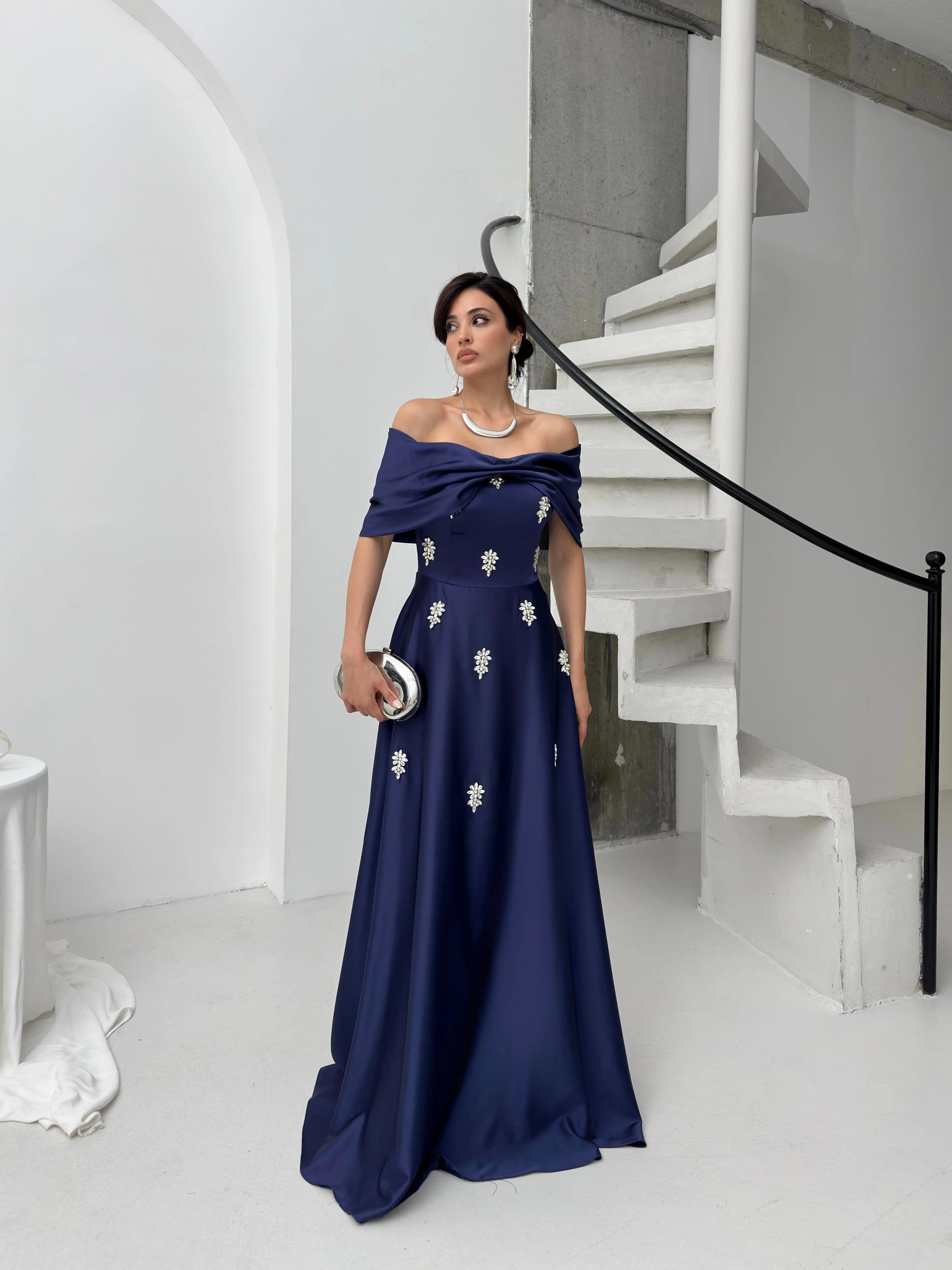 Satin Off-Shoulder Embellished Maxi Dress - Navy Blue - Mirelline Store