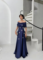 Satin Off-Shoulder Embellished Maxi Dress - Navy Blue - Mirelline Store